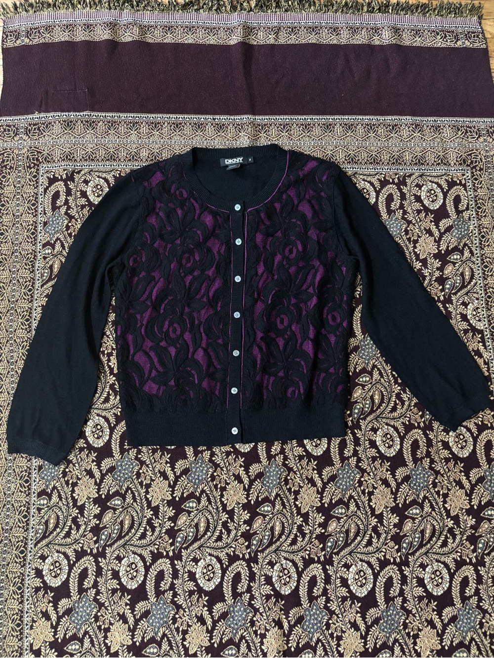 DKNY Black Lace-Overlay Cardigan with Purple Underlay
